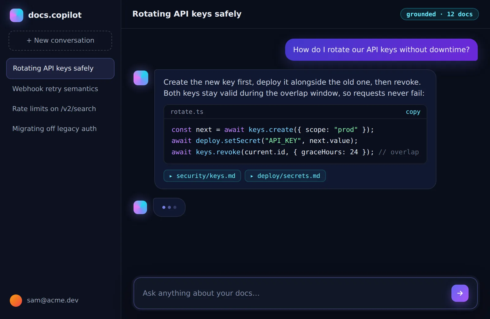 AI apps & copilots app built on Forge — "A support copilot that answers from my docs."
